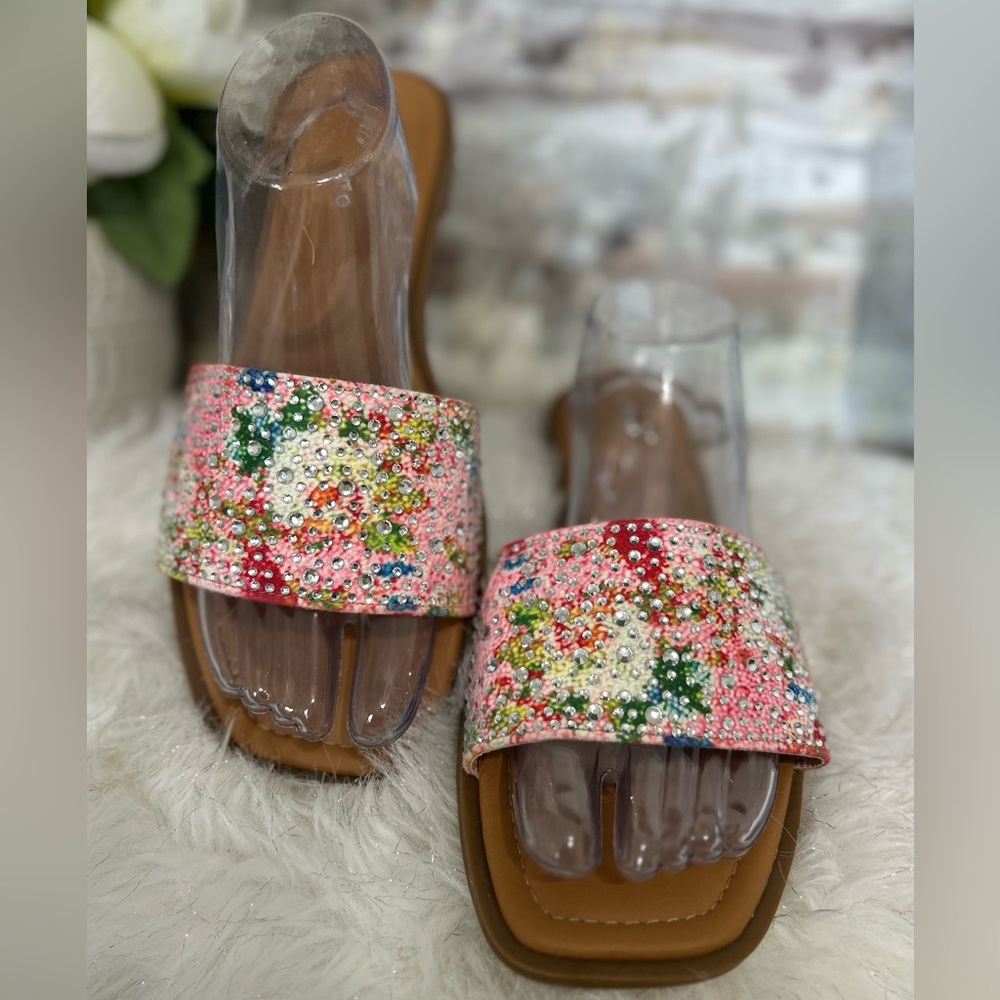 Embellished Pink Floral Slide Sandals - Picture 1 of 6